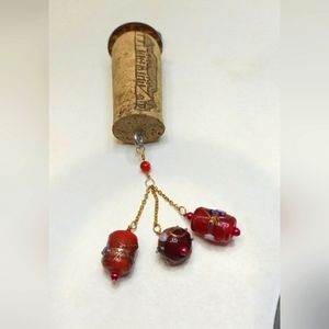 Wine Cork Keychain With Wedding Cake Glass Beads Hanging From Gold Tone Metal
